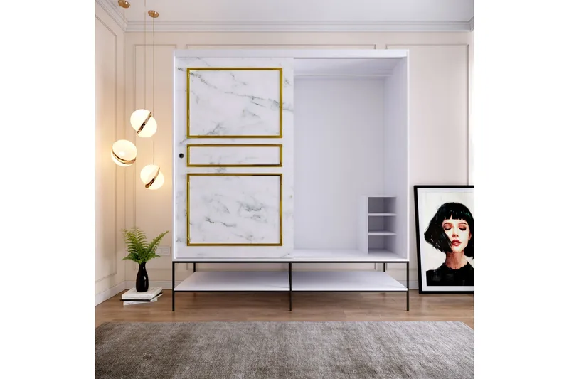 Elesham Garderob 57x190, Vit/Svart/Guld