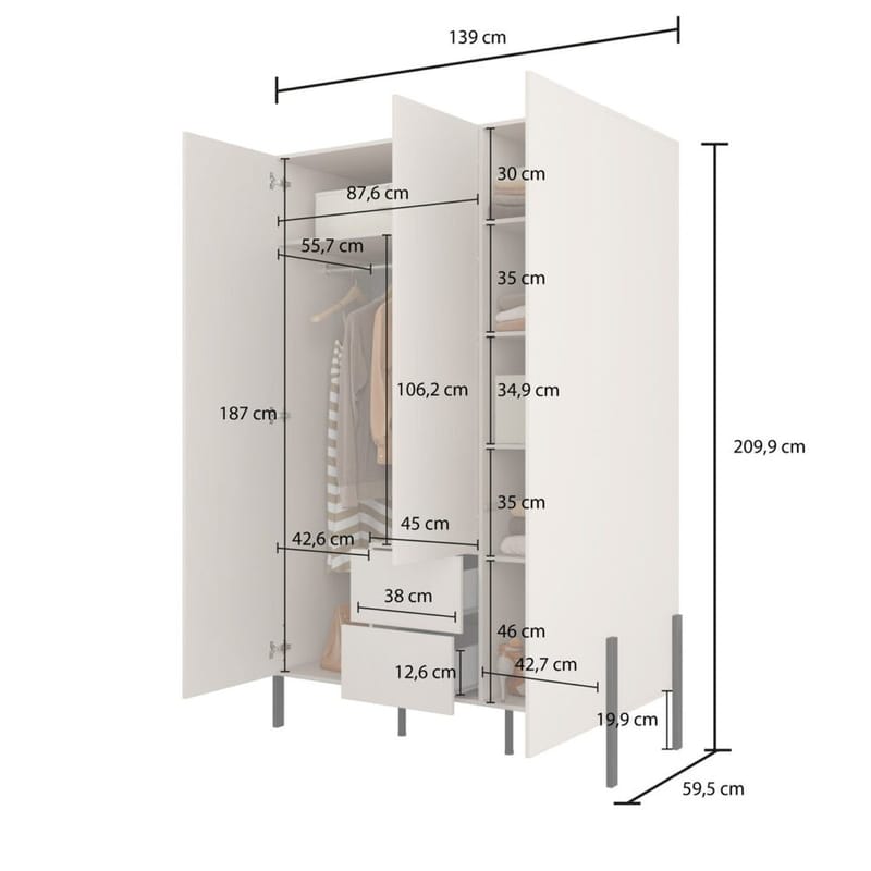 Garderob Jukon S 3 Dörrar med 2 Lådor - Förvaring - Klädförvaring - Garderob & garderobssystem
