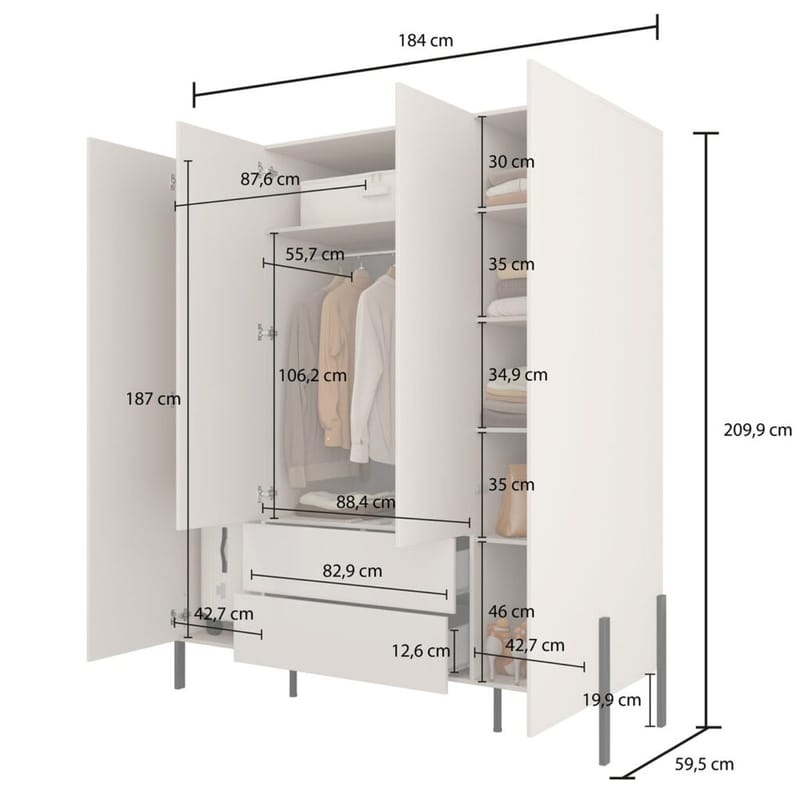 Garderob Jukon S 4 Dörrar med 2 Lådor - Förvaring - Klädförvaring - Garderob & garderobssystem