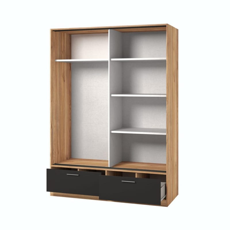 Garderob med spegel Beta 2 skjutdörr med 2 lådor - Mauvella ek - Svart - Förvaring - Klädförvaring - Garderob & garderobssystem