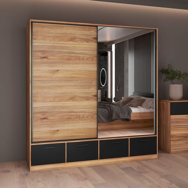 Garderob med spegel Beta 2 skjutdörr med 4 lådor - Förvaring - Klädförvaring - Garderob & garderobssystem