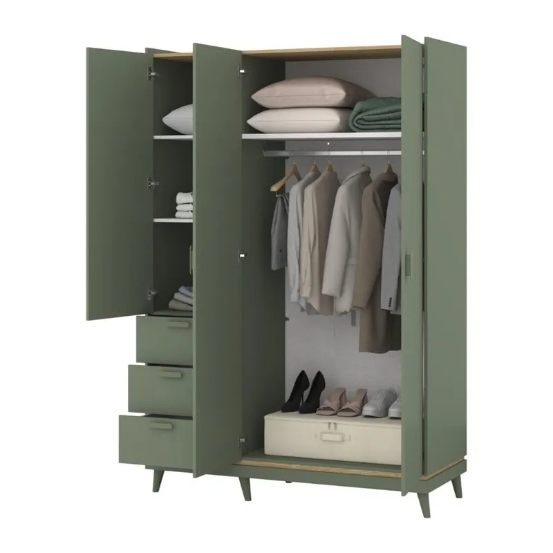 Garderob Scandi 3 dörrar med 3 lådor - Dämpad grön - Oljad ek - Förvaring - Klädförvaring - Garderob & garderobssystem