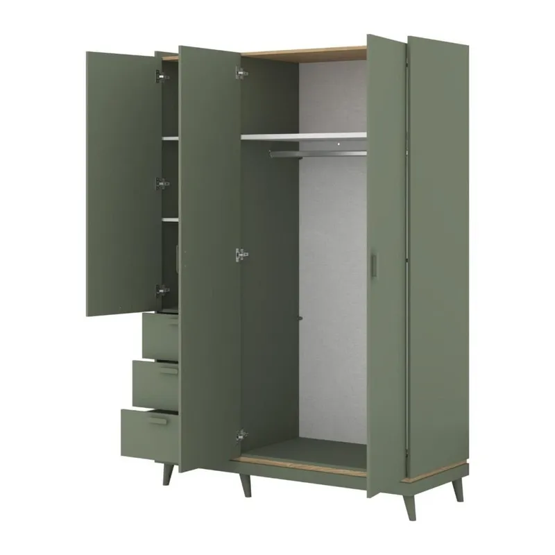 Garderob Scandi 3 dörrar med 3 lådor - Dämpad grön - Oljad ek - Förvaring - Klädförvaring - Garderob & garderobssystem