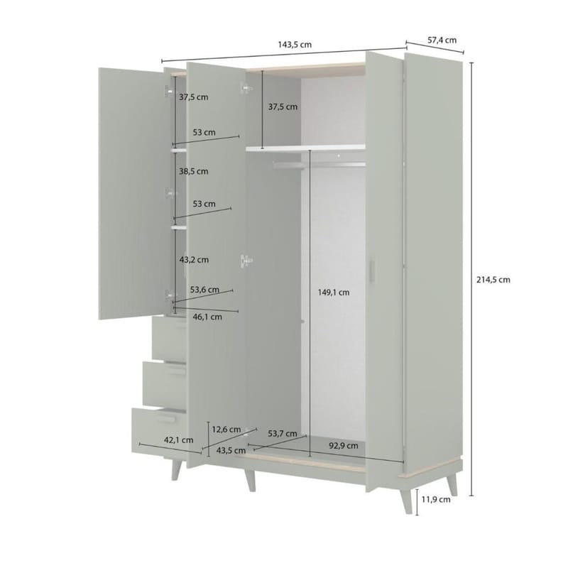 Garderob Scandi 3 dörrar med 3 lådor - Dämpad grön - Oljad ek - Förvaring - Klädförvaring - Garderob & garderobssystem