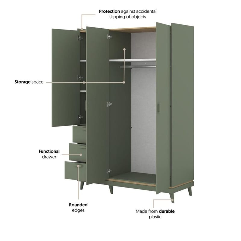 Garderob Scandi 3 dörrar med 3 lådor - Dämpad grön - Oljad ek - Förvaring - Klädförvaring - Garderob & garderobssystem