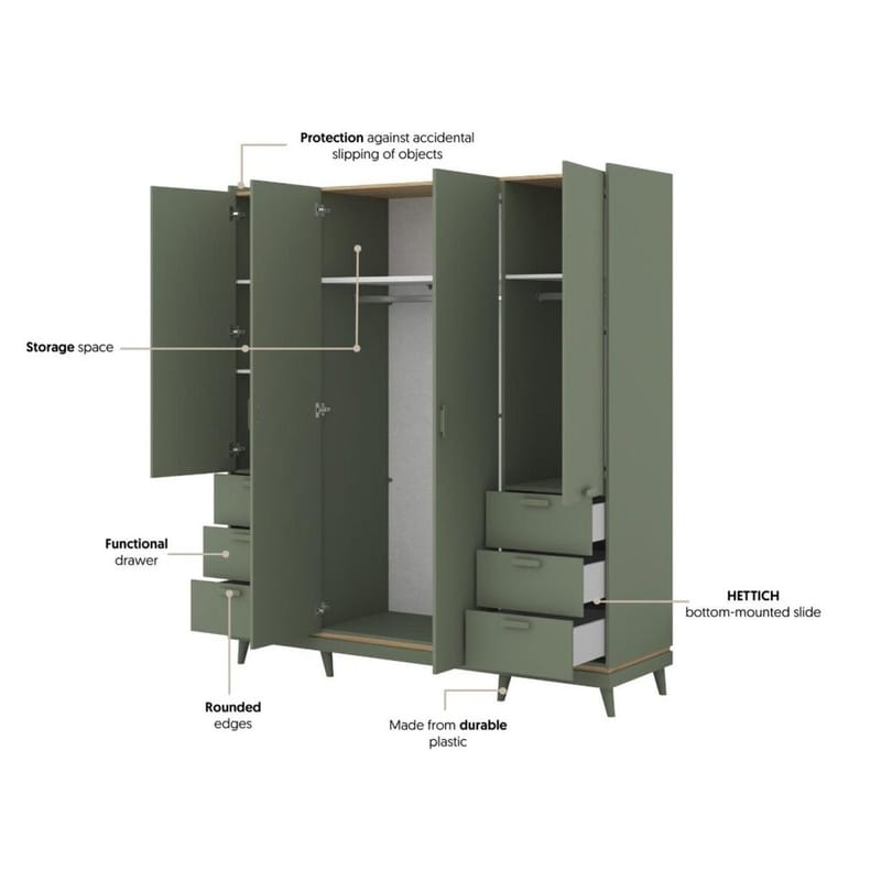 Garderob Skandi 4 Dörrar med 6 Lådor - Dämpad Grön - Oljad Ek - Förvaring - Klädförvaring - Garderob & garderobssystem