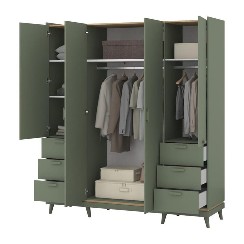 Garderob Skandi 4 Dörrar med 6 Lådor - Dämpad Grön - Oljad Ek - Förvaring - Klädförvaring - Garderob & garderobssystem