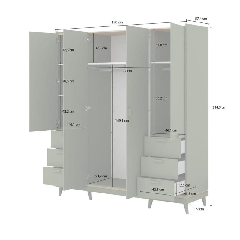 Garderob Skandi 4 Dörrar med 6 Lådor - Dämpad Grön - Oljad Ek - Förvaring - Klädförvaring - Garderob & garderobssystem