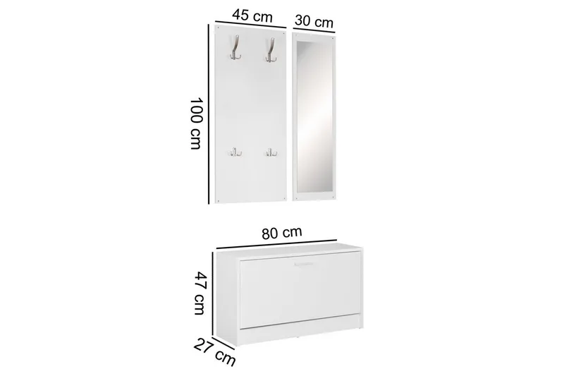 Kapprum Wohnling Väggmonterad hatthylla med spegel, skohylla, spånskiva, modern Vit - Vit - Möbler - Hallmöbler - Möbelset för hall & entre