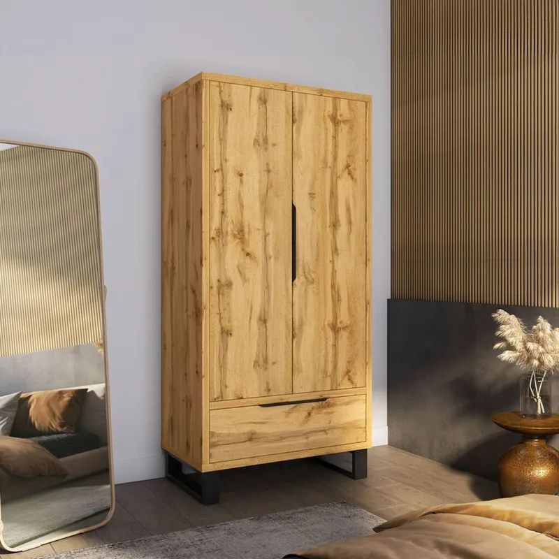 Halle Garderob 99 cm med 2 Dörrar och 1 Låda i Ek - Beige - Förvaring - Klädförvaring - Garderob & garderobssystem