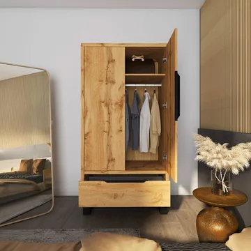 Halle Garderob 99 cm med 2 Dörrar och 1 Låda i Ek - Beige - Förvaring - Klädförvaring - Garderob & garderobssystem