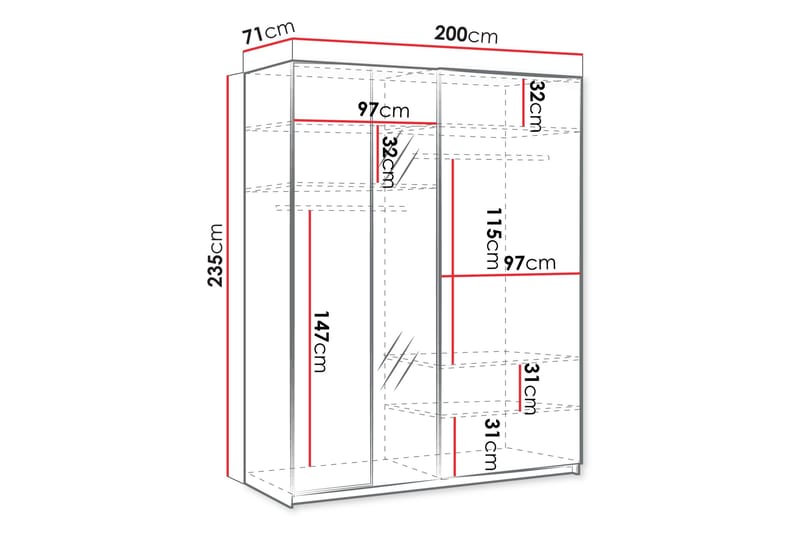 Haruna Garderob med Spegel 200x235 cm - Vit - Förvaring - Klädförvaring - Garderob & garderobssystem