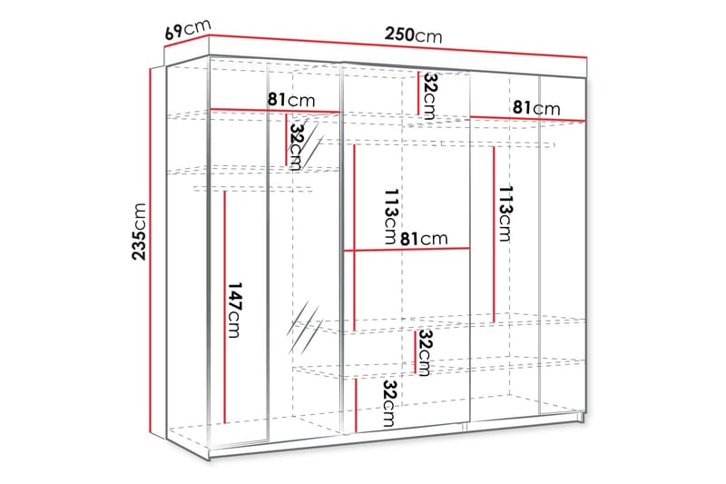 Haruna Garderob med Spegel 250x235 cm - Vit - Förvaring - Klädförvaring - Garderob & garderobssystem