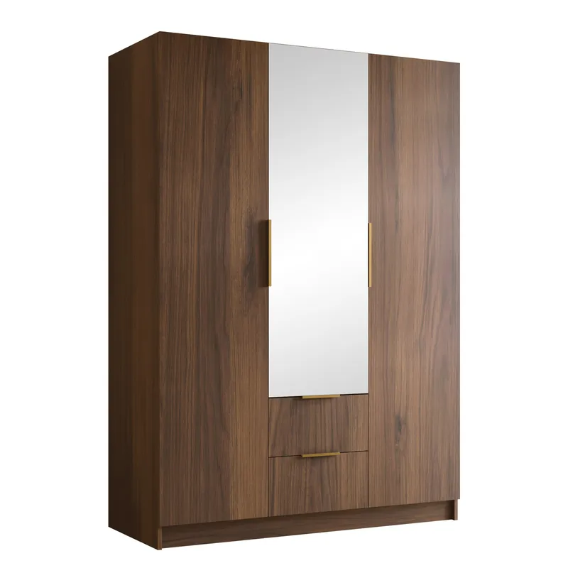 Herrljunga Garderob med Spegel 150x215 cm med lådor, Brun/Guld/Spegel