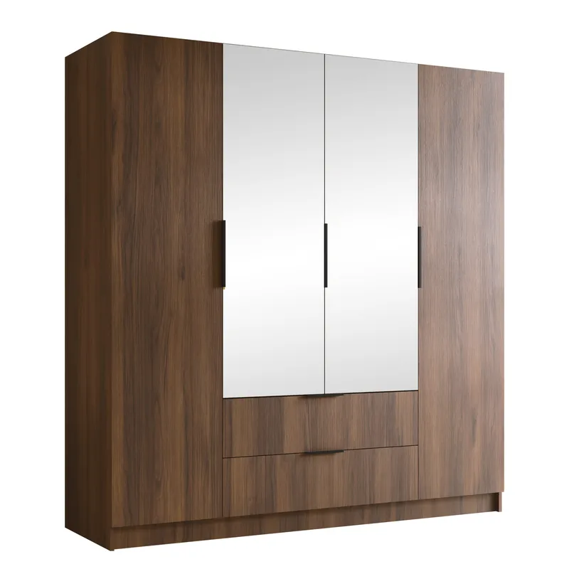 Herrljunga Garderob med Spegel 200x215 cm med lådor, Brun/Svart/Spegel