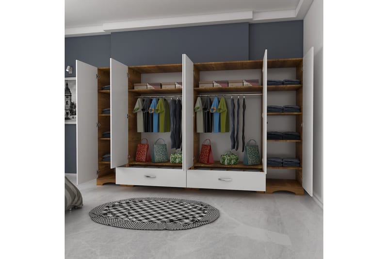 Jaitun Garderob 243x181 cm Vit/Brun - Hanah Home - Garderob & garderobssystem - Klädskåp & fristående garderob