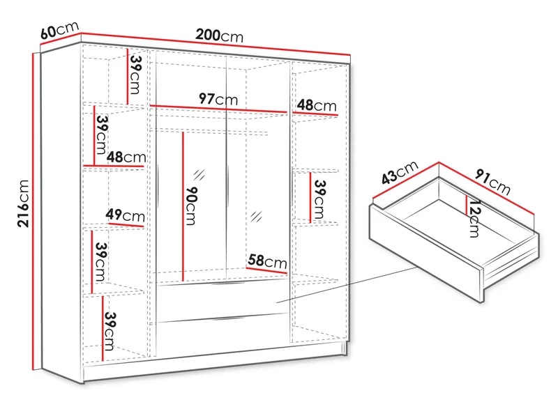 Kelros Garderob med Spegel 200x216 cm - Vit - Förvaring - Klädförvaring - Garderob & garderobssystem