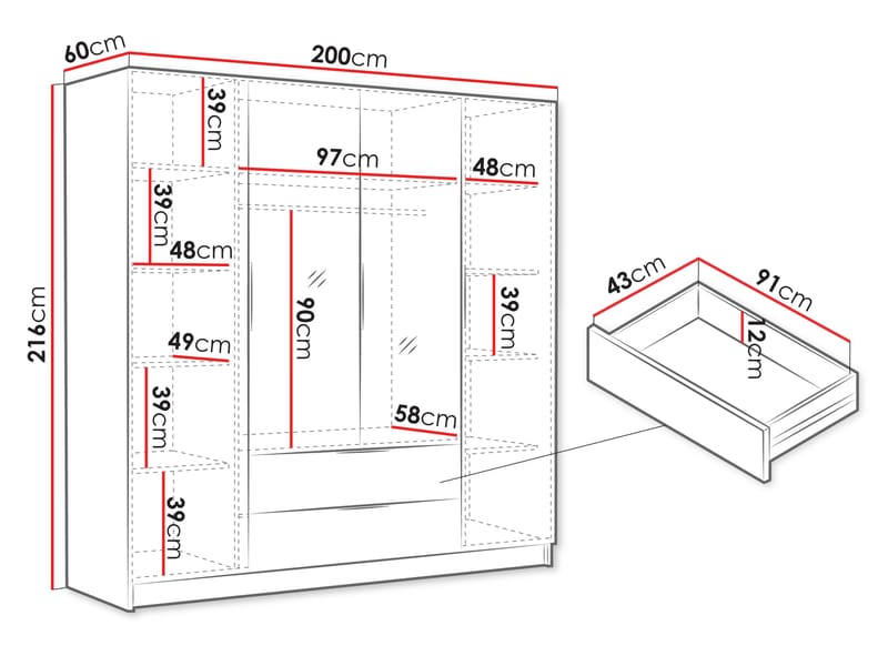 Kelros Garderob med Spegel 200x216 cm - Vit - Förvaring - Klädförvaring - Garderob & garderobssystem