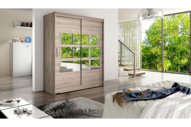 Leila Garderob 150 cm Skjutdörrar Delad Spegel - Ek/Tryffel/Spegel - Förvaring - Klädförvaring - Garderob & garderobssystem