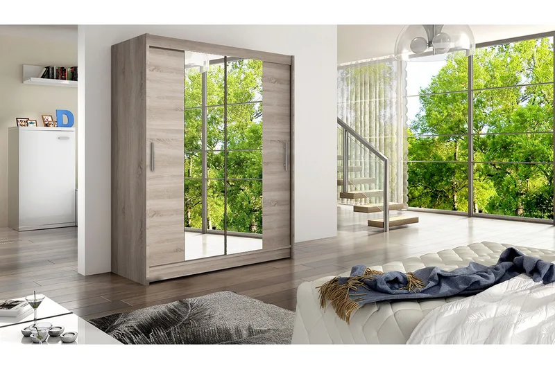 Leila Garderob 150 cm Skjutdörrar Smal Spegel - Ek - Förvaring - Klädförvaring - Garderob & garderobssystem