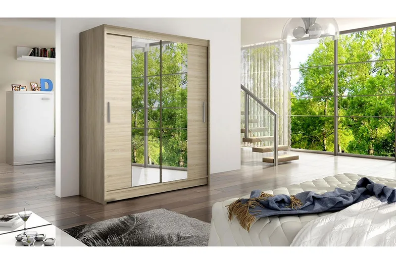 Leila Garderob 150 cm Skjutdörrar Smal Spegel - Ljus Ek - Förvaring - Klädförvaring - Garderob & garderobssystem