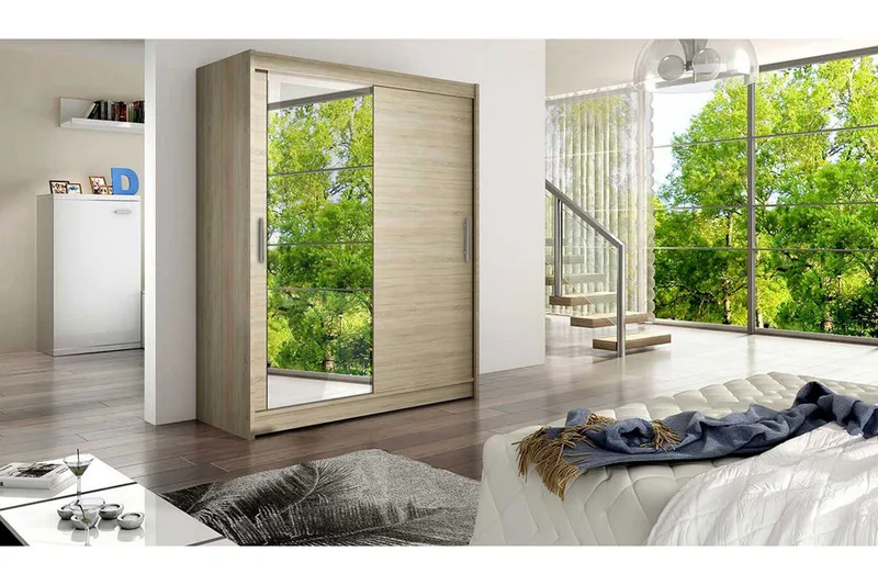 Leila Garderob 150 cm Skjutdörrar Spegel - Beige/Trä/Natur - Förvaring - Klädförvaring - Garderob & garderobssystem