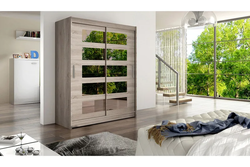 Leila Garderob Skjutdörrar 5-Delad Spegel - Beige/Trä/Natur - Förvaring - Klädförvaring - Garderob & garderobssystem