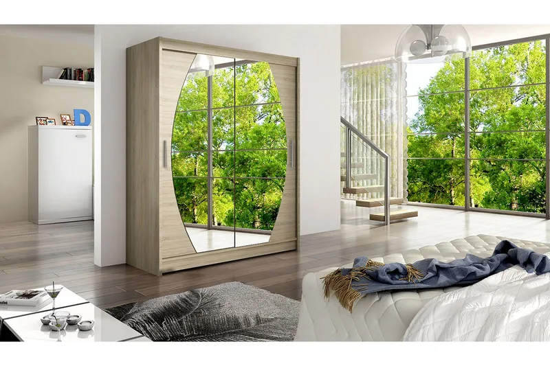 Leila Garderob Skjutdörrar Rund Spegel - Ek/Spegel - Förvaring - Klädförvaring - Garderob & garderobssystem