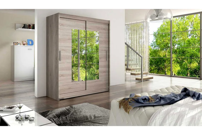 Leila Garderob Skjutdörrar Smal Fyrkantig Spegel - Beige/Trä/Natur - Förvaring - Klädförvaring - Garderob & garderobssystem