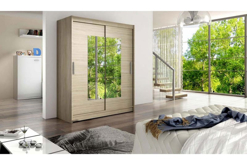 Leila Garderob Skjutdörrar Smal Fyrkantig Spegel - Beige/Trä/Natur - Förvaring - Klädförvaring - Garderob & garderobssystem