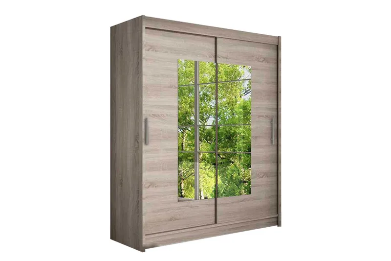 Leila Garderob Skjutdörrar Smal Fyrkantig Spegel, Beige/Trä/Natur