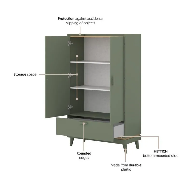 Linneskåp Scandi 2 dörrar 1 låda - Dämpad grön - Oljad ek - Förvaring - Klädförvaring - Garderob & garderobssystem - Klädskåp & fristående garderob