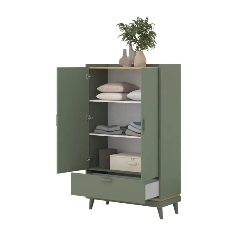 Linneskåp Scandi 2 dörrar 1 låda - Dämpad grön - Oljad ek - Förvaring - Klädförvaring - Garderob & garderobssystem - Klädskåp & fristående garderob