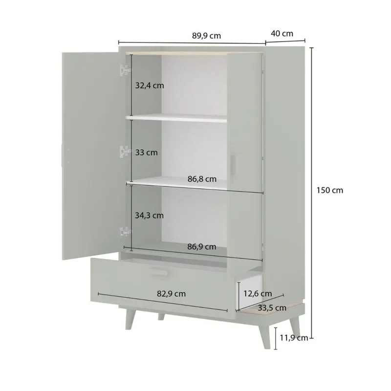 Linneskåp Scandi 2 dörrar 1 låda - Dämpad grön - Oljad ek - Förvaring - Klädförvaring - Garderob & garderobssystem - Klädskåp & fristående garderob