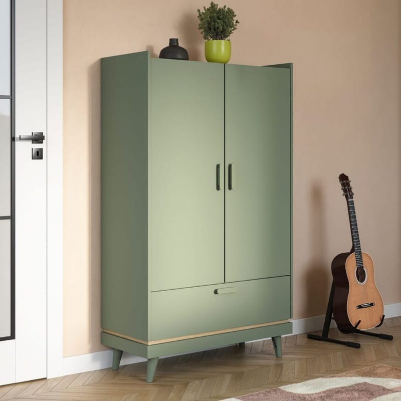 Linneskåp Scandi 2 dörrar 1 låda - Dämpad grön - Oljad ek - Förvaring - Klädförvaring - Garderob & garderobssystem - Klädskåp & fristående garderob