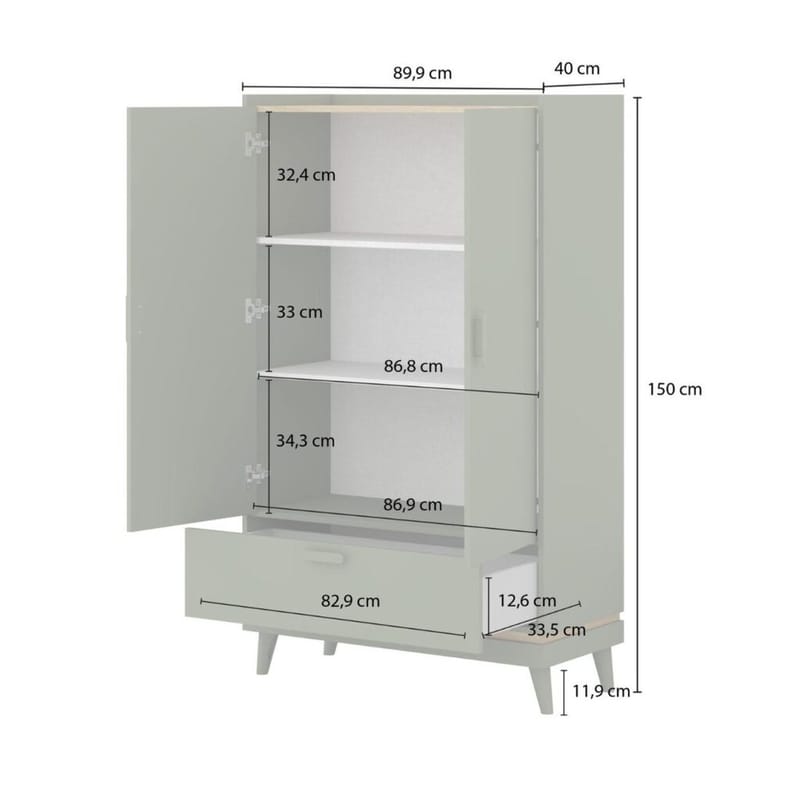 Linneskåp Scandi 2 dörrar 1 låda - Dämpad grön - Oljad ek - Förvaring - Klädförvaring - Garderob & garderobssystem - Klädskåp & fristående garderob