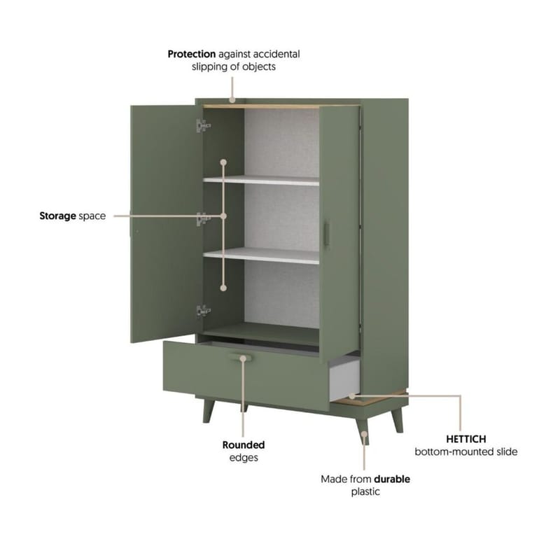Linneskåp Scandi 2 dörrar 1 låda - Dämpad grön - Oljad ek - Förvaring - Klädförvaring - Garderob & garderobssystem - Klädskåp & fristående garderob