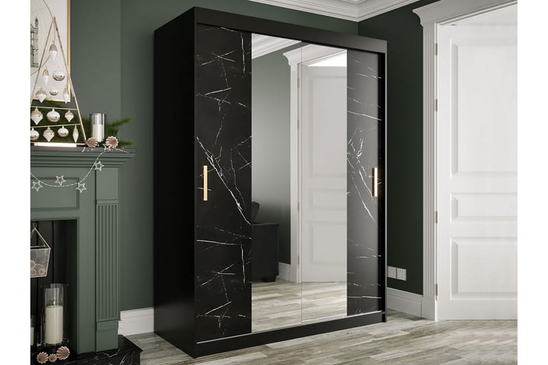 Marmuria Garderob med Speglar Kant 150 cm Marmormönster - Svart - Klädskåp & fristående garderob - Garderob & garderobssystem