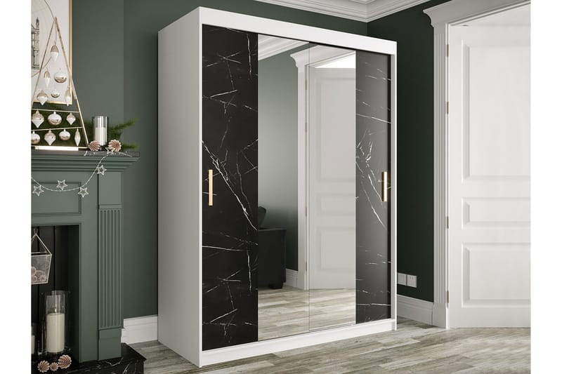 Marmuria Garderob med Speglar Kant 150 cm Marmormönster - Vit/Svart/Guld - Garderob & garderobssystem - Klädskåp & fristående garderob