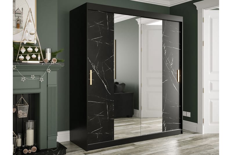 Marmuria Garderob med Speglar Kant 180 cm Marmormönster - Svart - Garderob & garderobssystem - Klädskåp & fristående garderob