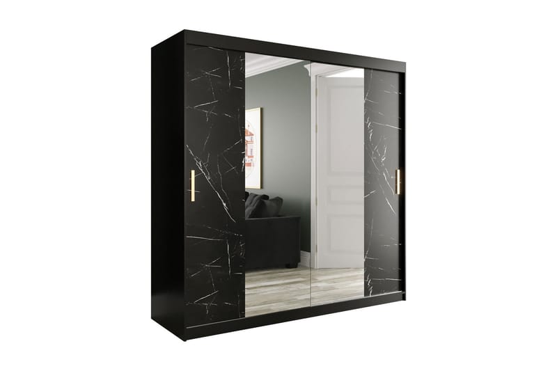 Marmuria Garderob med Speglar Kant 200 cm Marmormönster - Svart - Garderob & garderobssystem - Klädskåp & fristående garderob