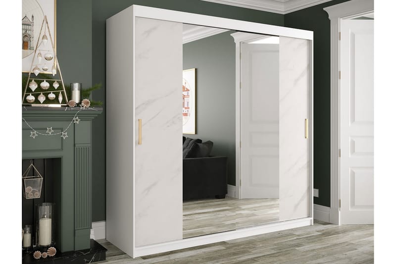 Marmuria Garderob med Speglar Kant 200 cm Marmormönster - Vit/Guld - Klädskåp & fristående garderob - Garderob & garderobssystem
