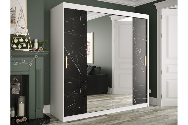 Marmuria Garderob med Speglar Kant 200 cm Marmormönster - Vit/Svart/Guld - Klädskåp & fristående garderob - Garderob & garderobssystem