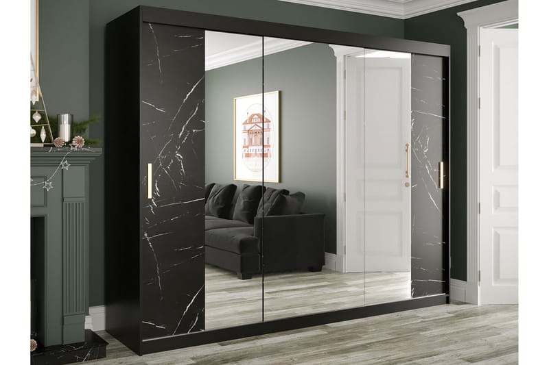 Marmuria Garderob med Speglar Kant 250 cm Marmormönster - Svart - Garderob & garderobssystem - Klädskåp & fristående garderob