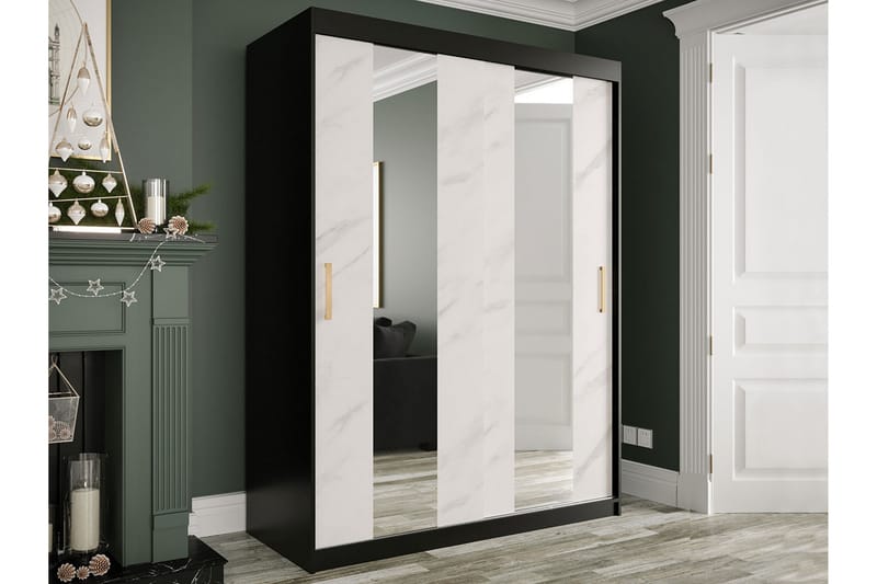 Marmuria Garderob med Speglar Mitt 150 cm Marmormönster - Svart/Vit/Guld - Förvaring - Klädförvaring - Garderob & garderobssystem