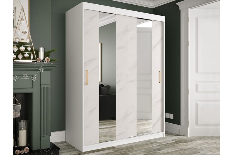 Marmuria Garderob med Speglar Mitt 150 cm Marmormönster - Vit/Guld - Förvaring - Klädförvaring - Garderob & garderobssystem