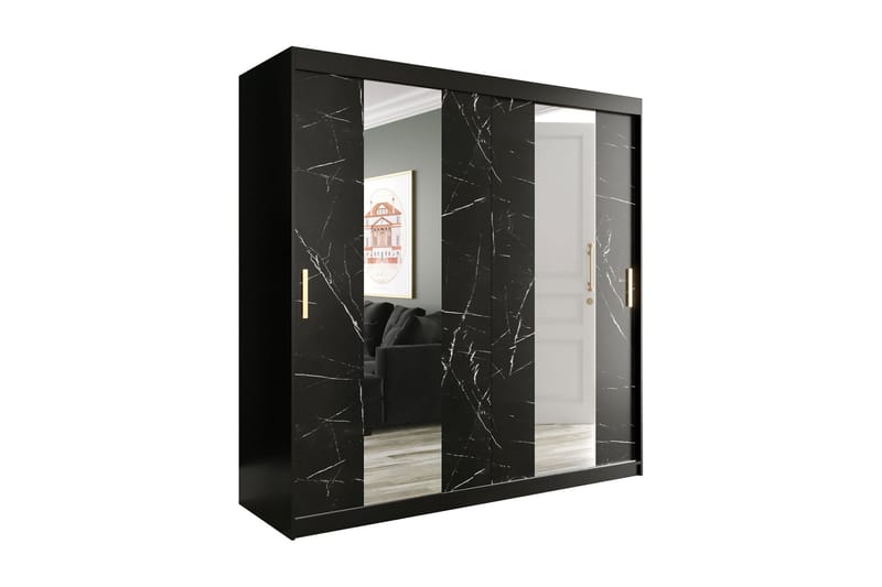Marmuria Garderob med Speglar Mitt 200 cm Marmormönster - Svart - Klädskåp & fristående garderob - Garderob & garderobssystem