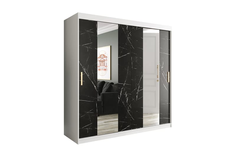 Marmuria Garderob med Speglar Mitt 200 cm Marmormönster - Vit/Svart/Guld - Garderob & garderobssystem - Klädskåp & fristående garderob