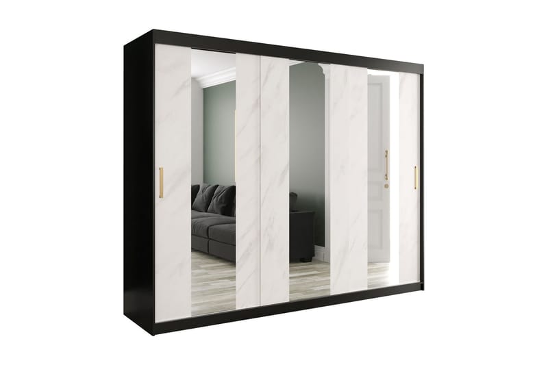 Marmuria Garderob med Speglar Mitt 250 cm Marmormönster - Svart/Vit/Guld - Garderob & garderobssystem - Klädskåp & fristående garderob