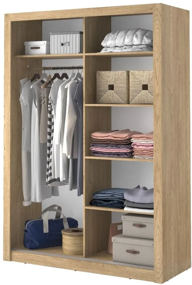 Mervyn garderob med skjutdörrar och inredning bredd 150 cm - Shetland ek, Shetland ek